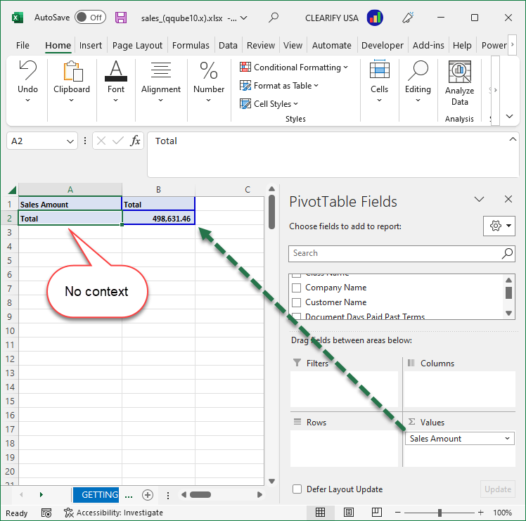 Line Sales Quantity displayed as one total without a dimension