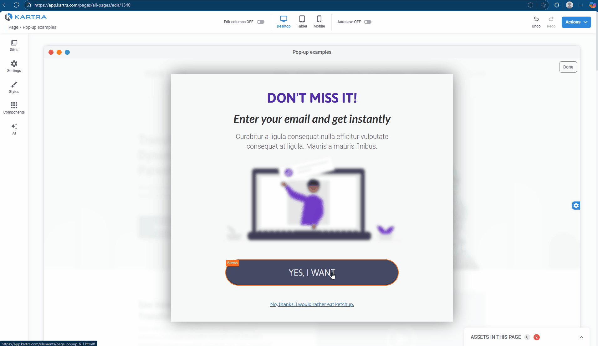 Pop-up editing to show button size modification, and inline text being modified.