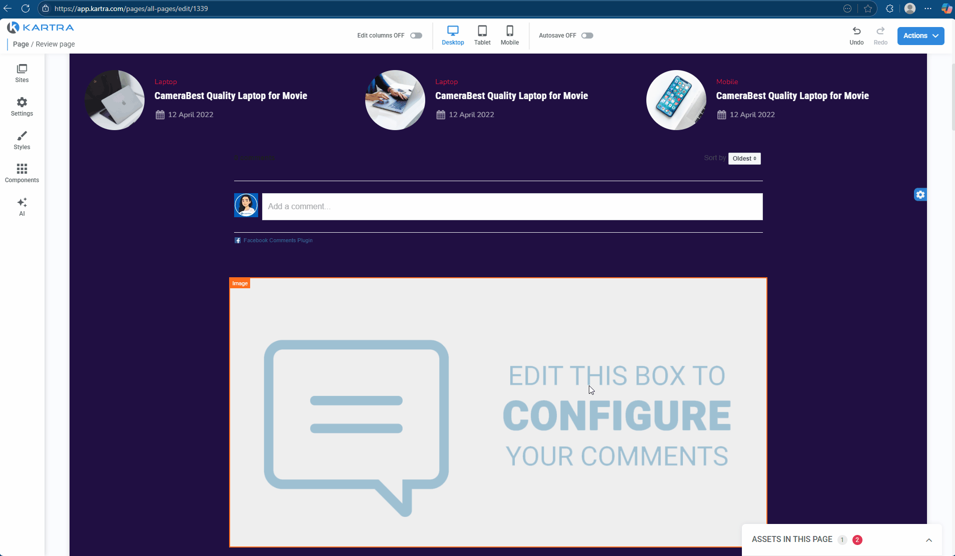 Step-by-step visual of pasting the Disqus Universal Code into the Kartra Disqus widget container