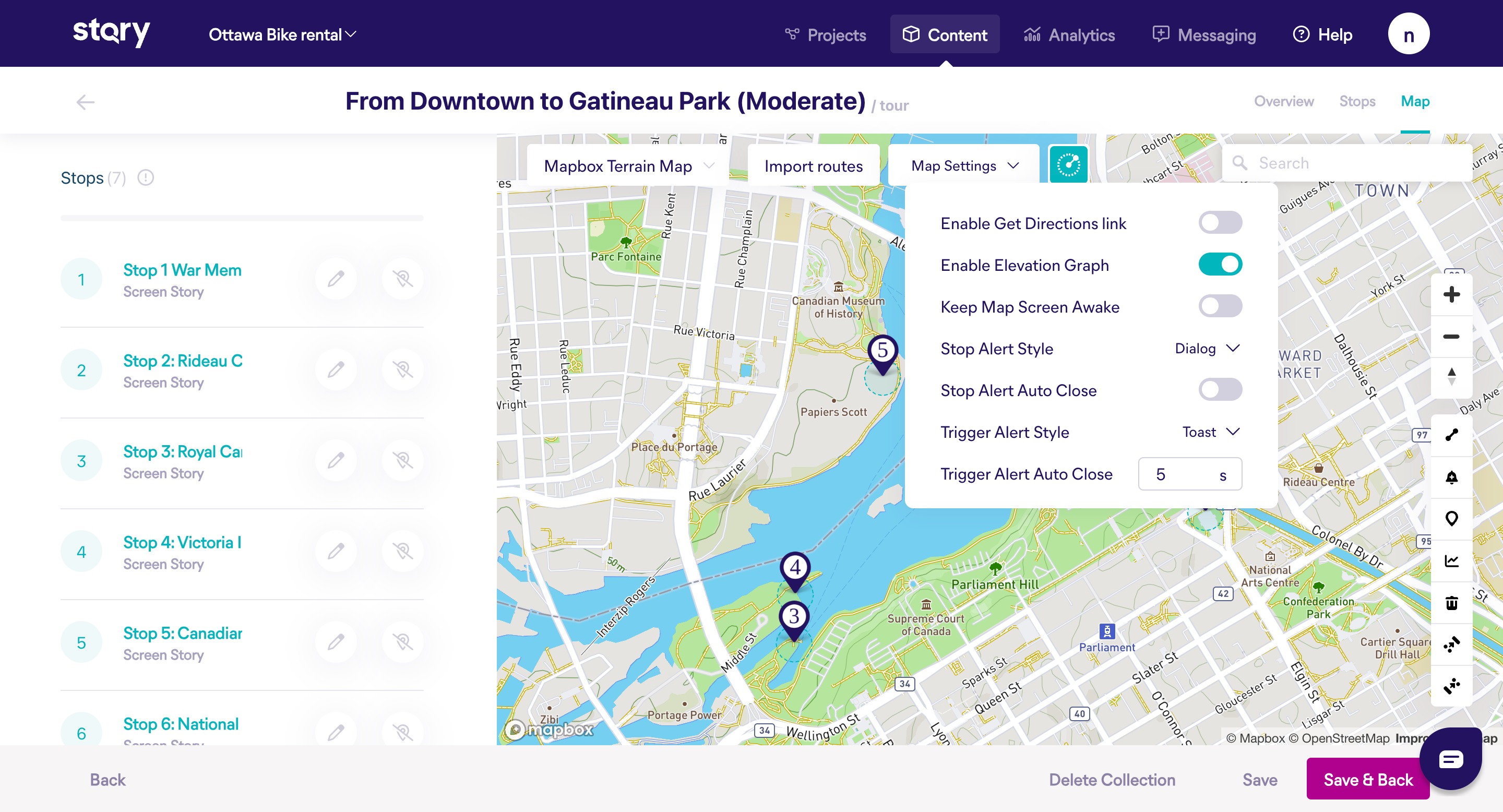 Screenshot of a tour map showing the map settings