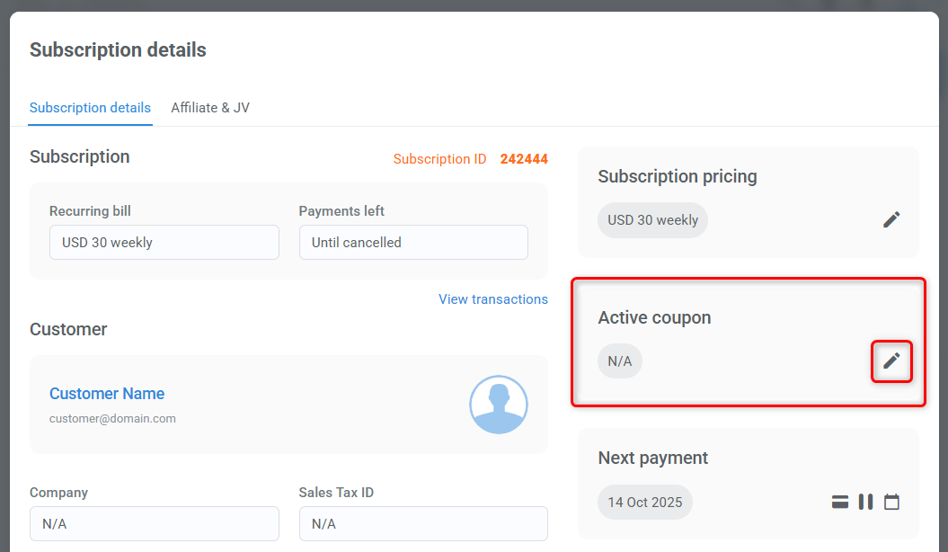 Subscription details window with highlight on Coupon section.