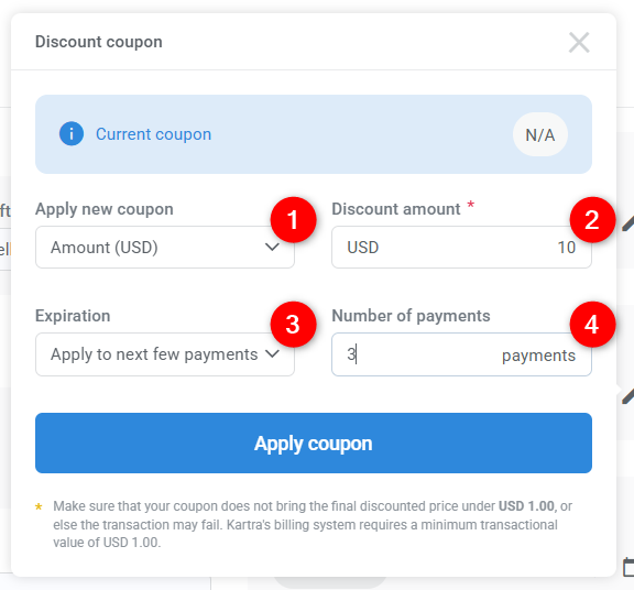 Discount coupon pop-up highlighting coupon configuration fields.