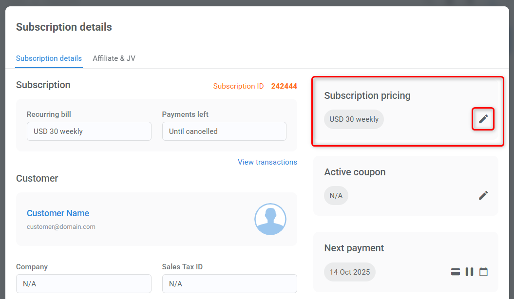 Subscription details pop-up highlighting Subscription pricing section.