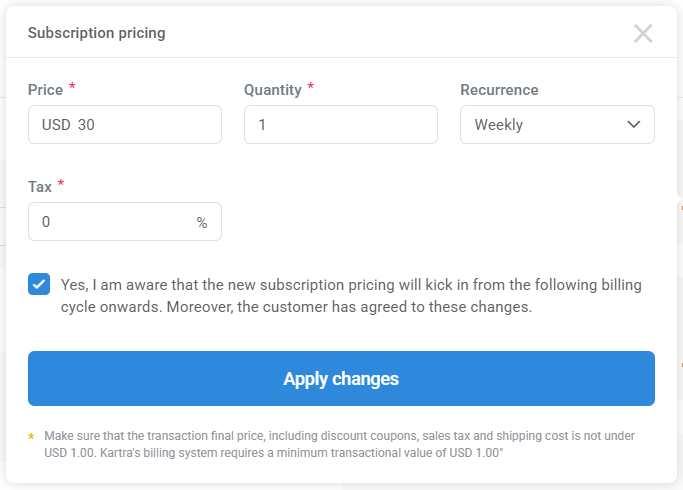 Subscription pricing window containing price, quantity, recurrence, and tax fields.