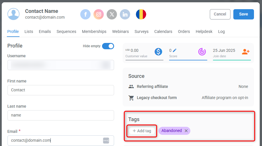 Contact profile example highlighting Tags section and Add tag button