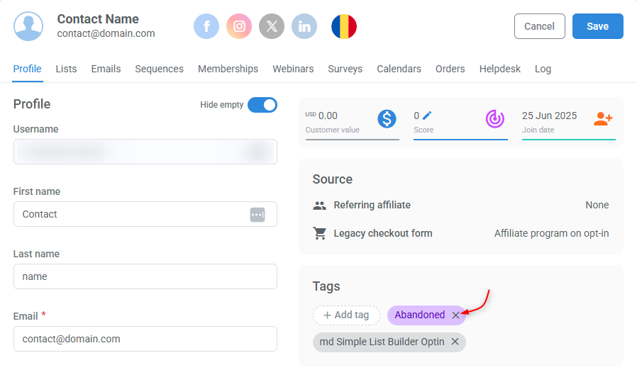 Contact profile example highlighting tag removal button