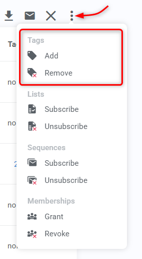 Contacts bulk actions menu highlighting tag-related actions.
