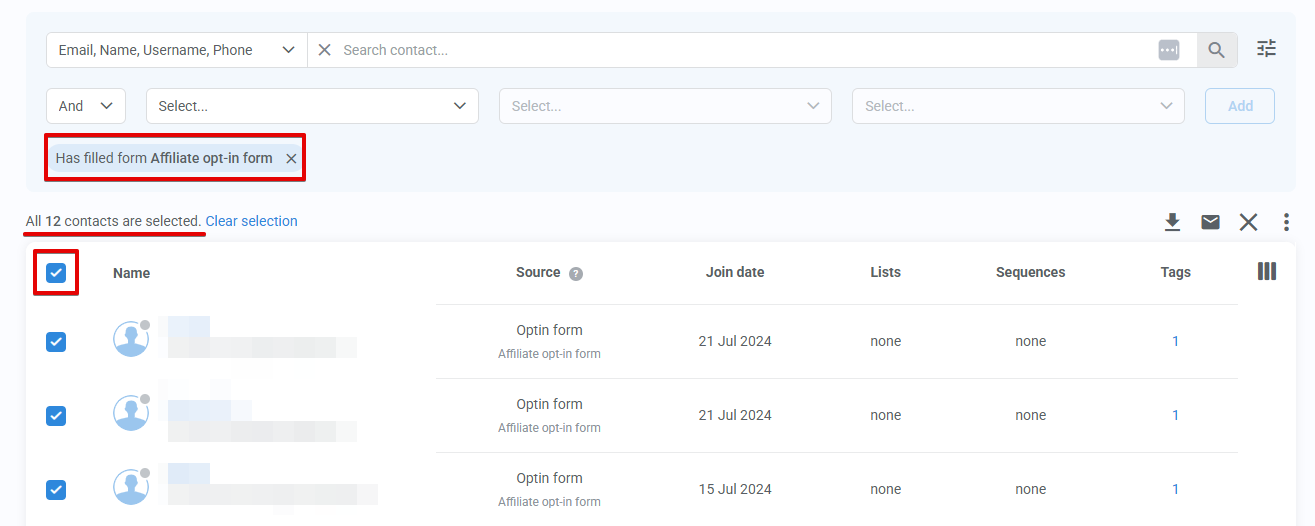 Filtered contacts example highlighting Select all option