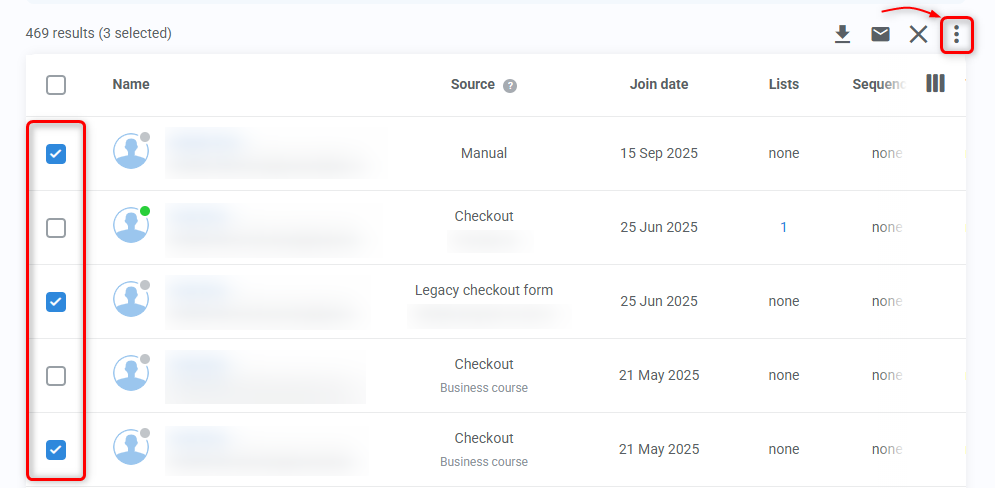 Multiple contacts selected in the Contacts list.