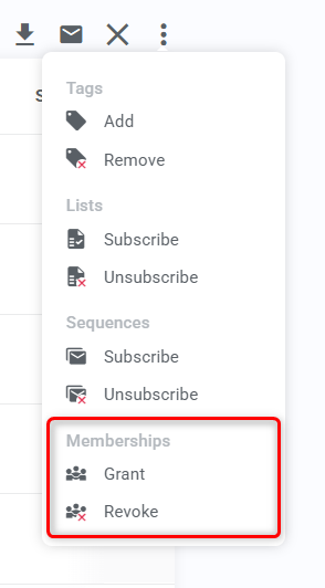 Bulk action menu for contacts, the membership actions are highlighted.