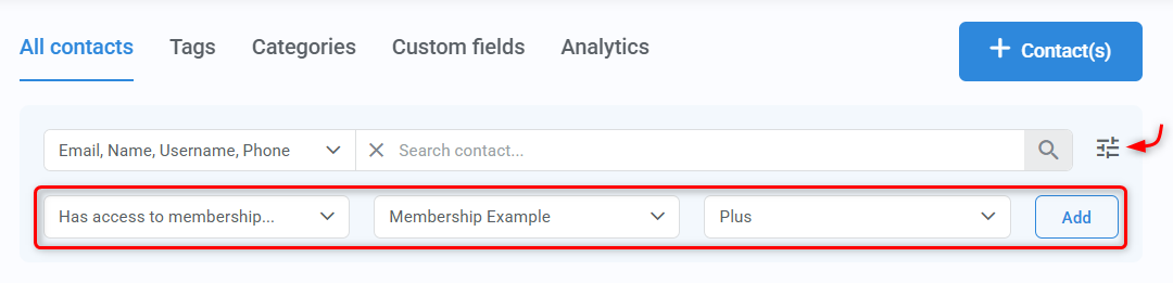 Contacts filter conditioned by membership access.