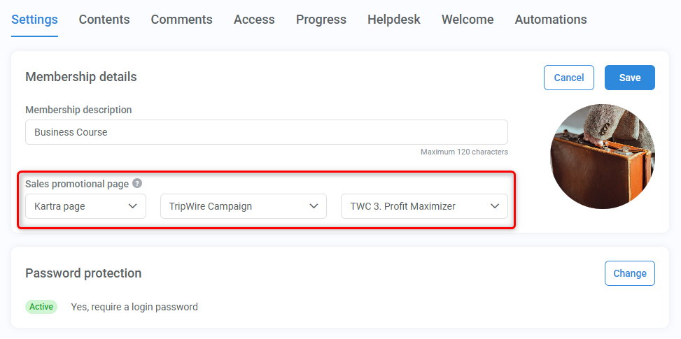 The Membership details module of the Settings tab in the Membership wizard, highlighting the Sales promotional page section.