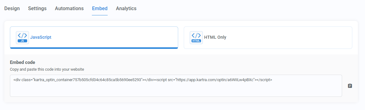 Embed tab of a form's customization wizard