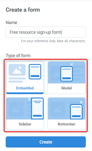 Forms creation quickstart menu, highlighting types of forms.