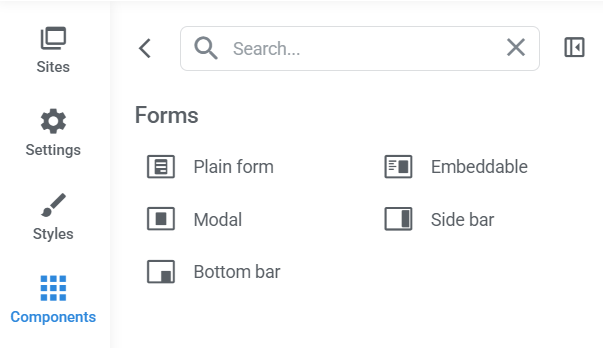 Form component type selector from within the page builder