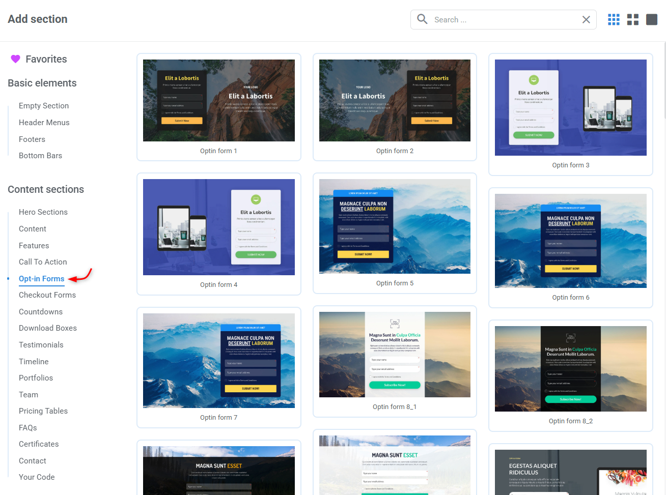 Section templates window highlighting opt-in forms templates