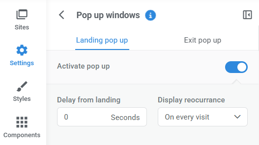 Pop-up configuration wizard in the page builder.