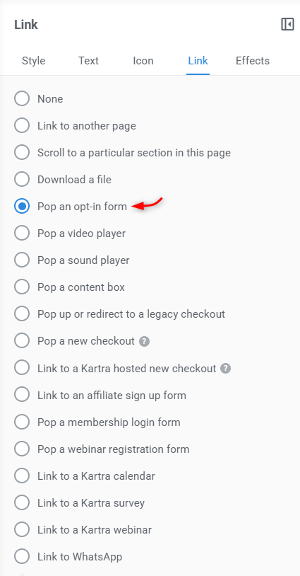 Button editing wizard on page builder.