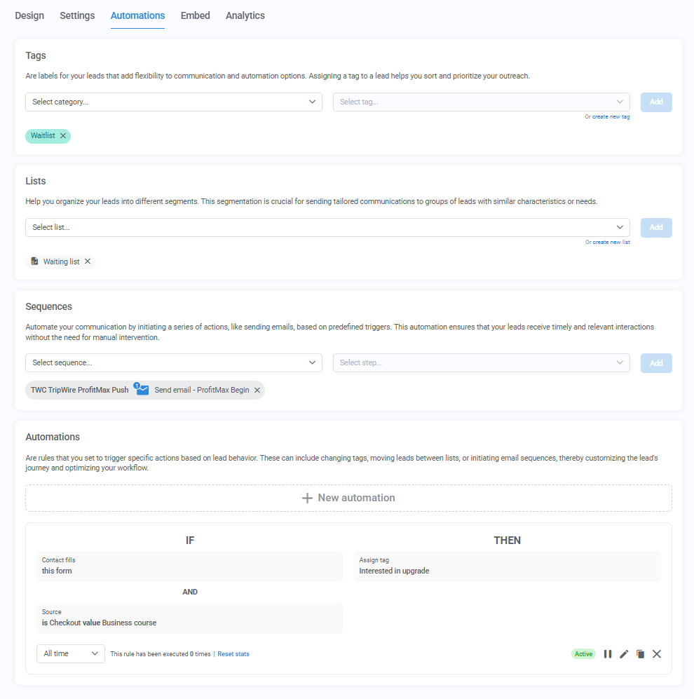 Automations tab in the form configuration wizard