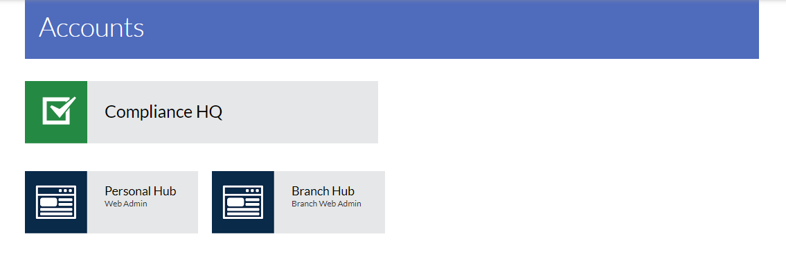 The Accounts page showing two hubs and the Compliance HQ