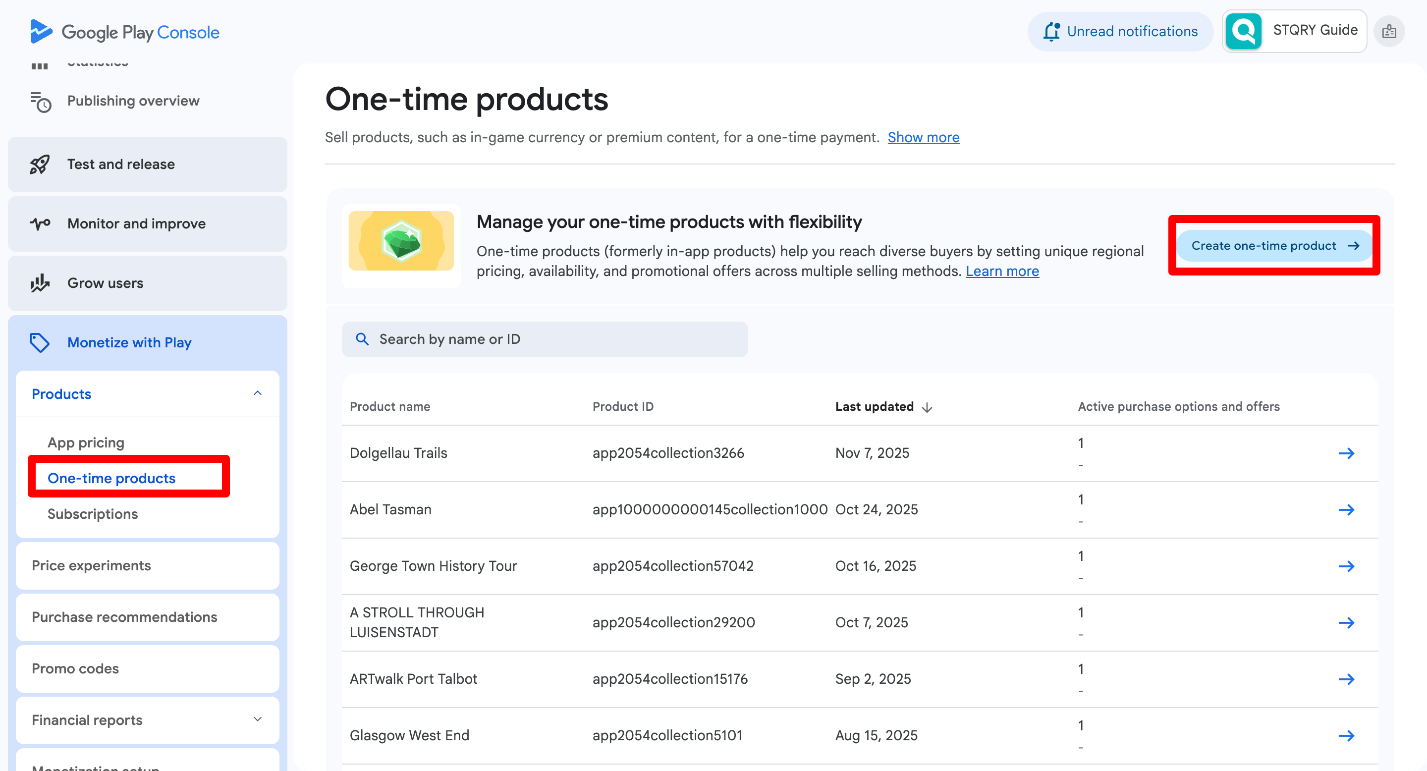 Screenshot highlighting the steps to create an in-app purchase on Google Play Console