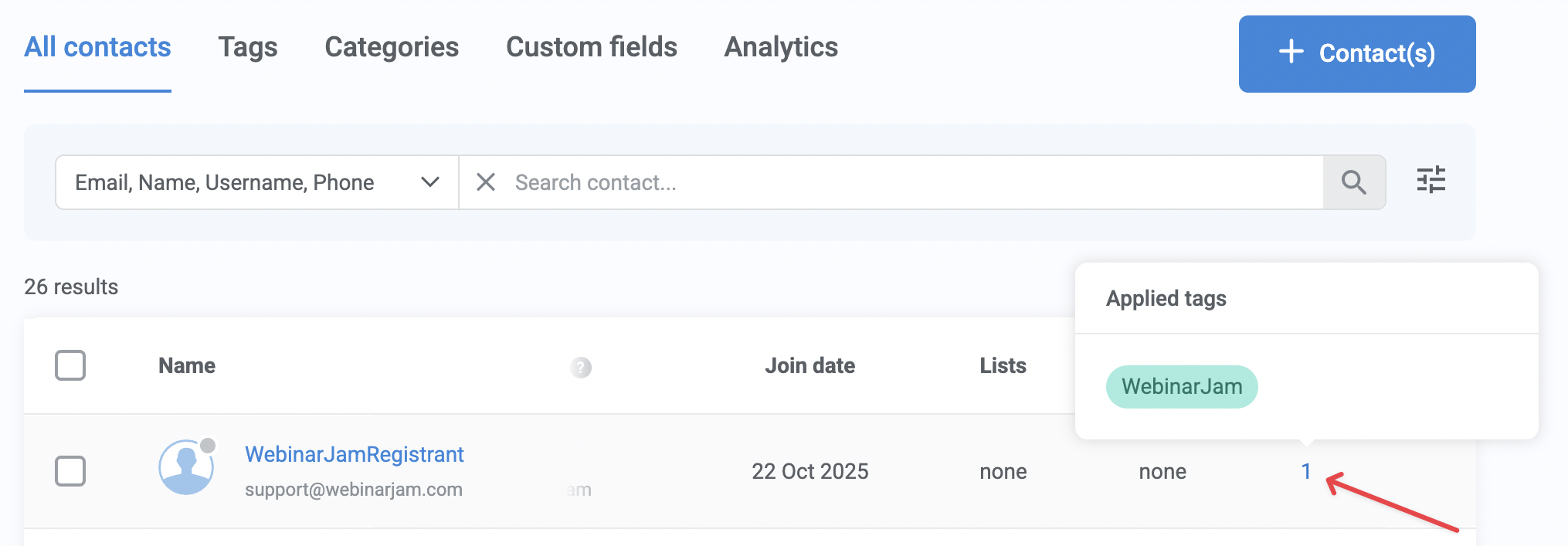 Tags applied to a lead in Kartra