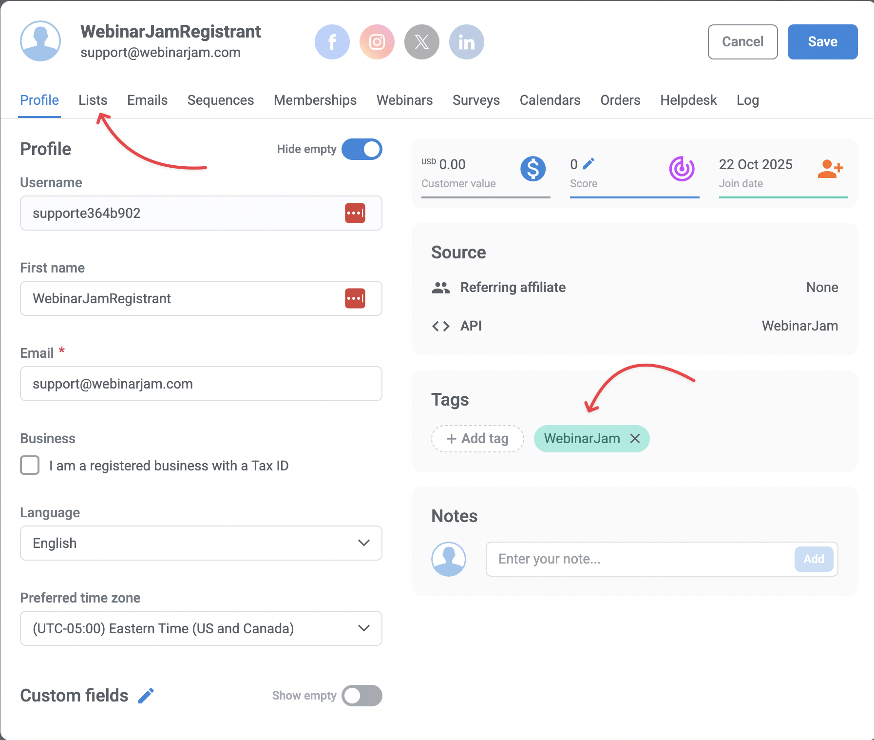 Lead profile in Kartra showing the tags applied