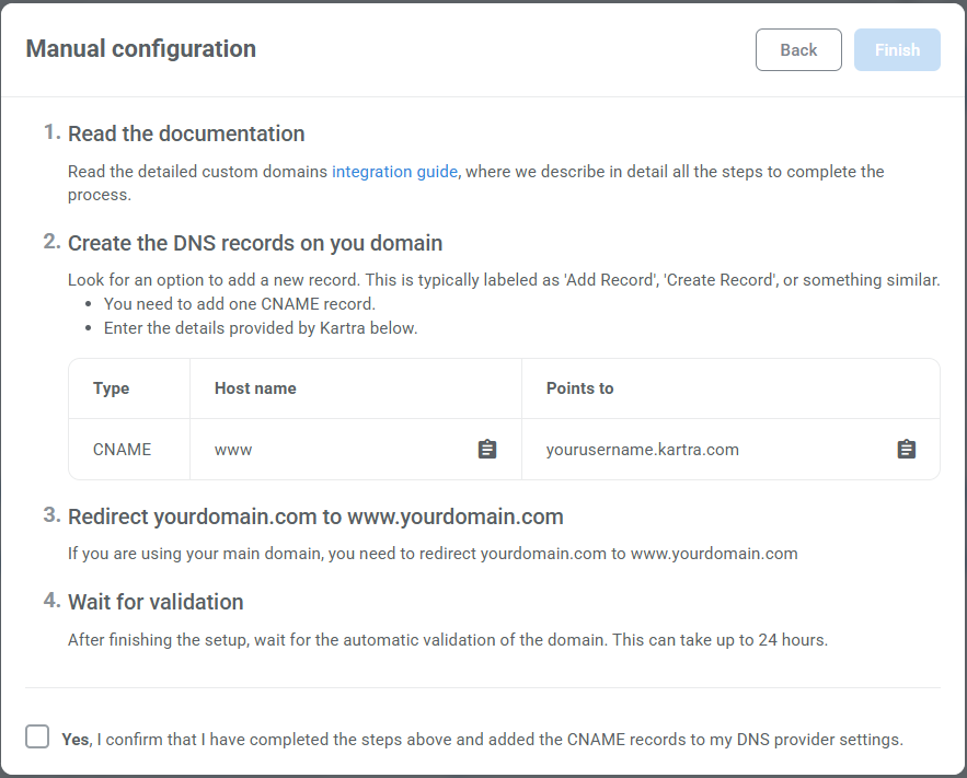 Manual domain setup screen in Kartra showing the CNAME and forwarding values that need to be added to your domain host