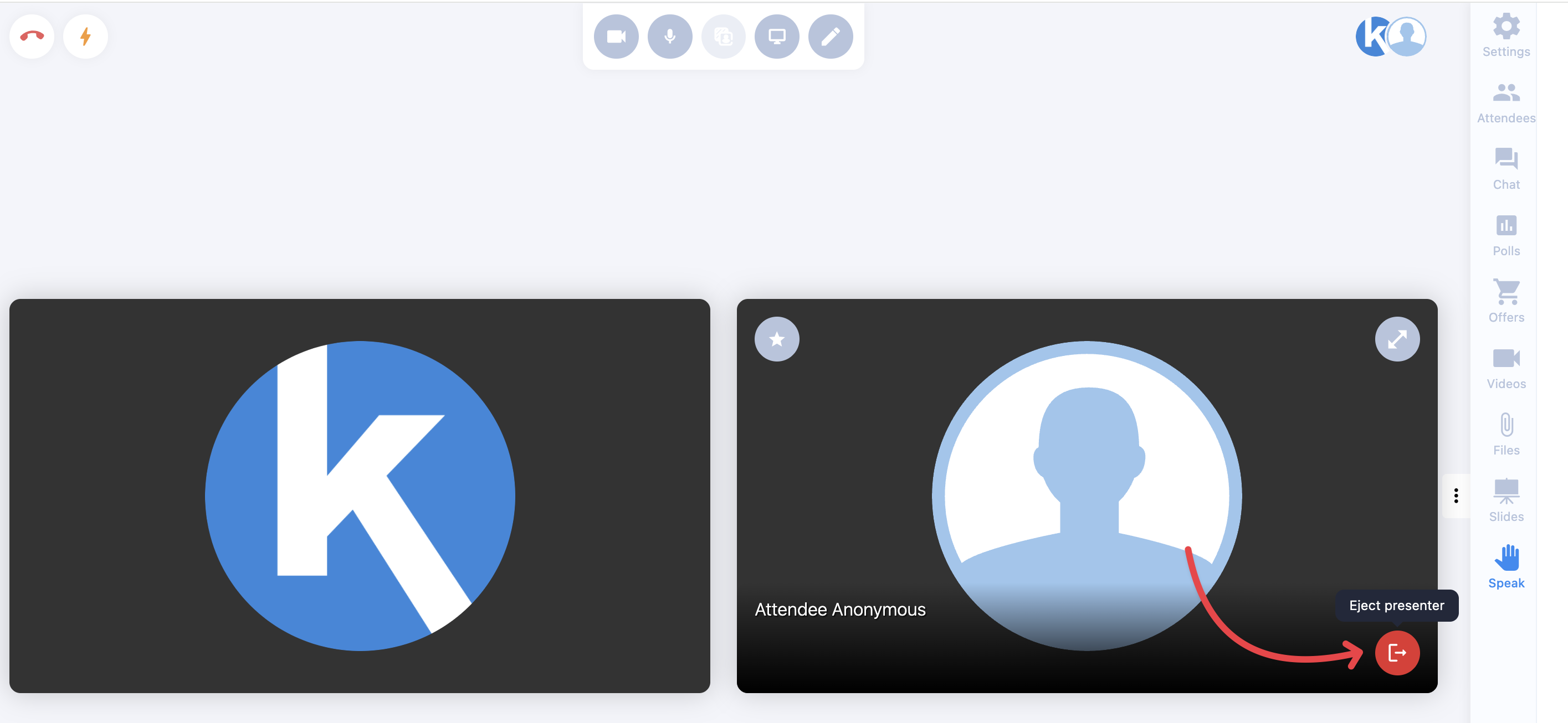 Eject speaker from the room and send back as an attendee