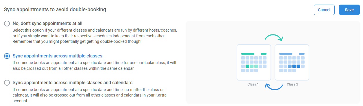 The Sync appointments to avoid double-booking module with Sync appointments across multiple classes selected.