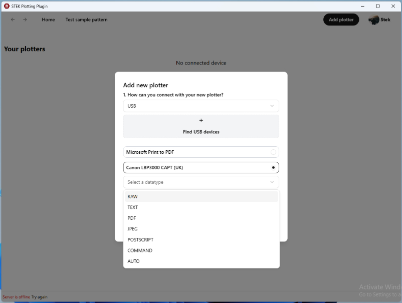 Select USB plotter and data type