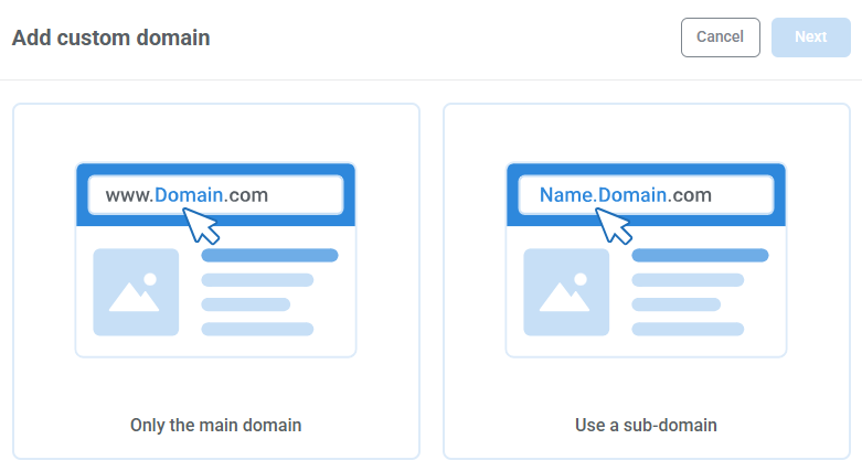 Main domain or subdomain selector in the Kartra domain configuration wizard.