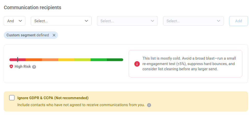 Broadcast recipients module showing a high risk recipients segment.