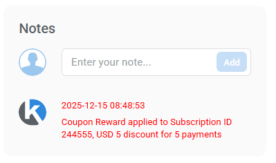 Example of system note created to confirm a coupon manually applied to an active subscription after purchase. 