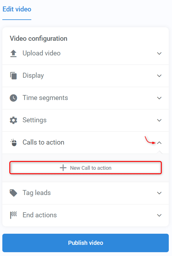Kartra videos configuration wizard options highlighting Calls-to-action settings.