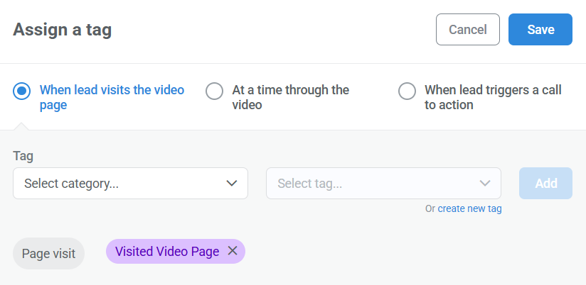 Kartra video tagging options with a page visit tag selected.