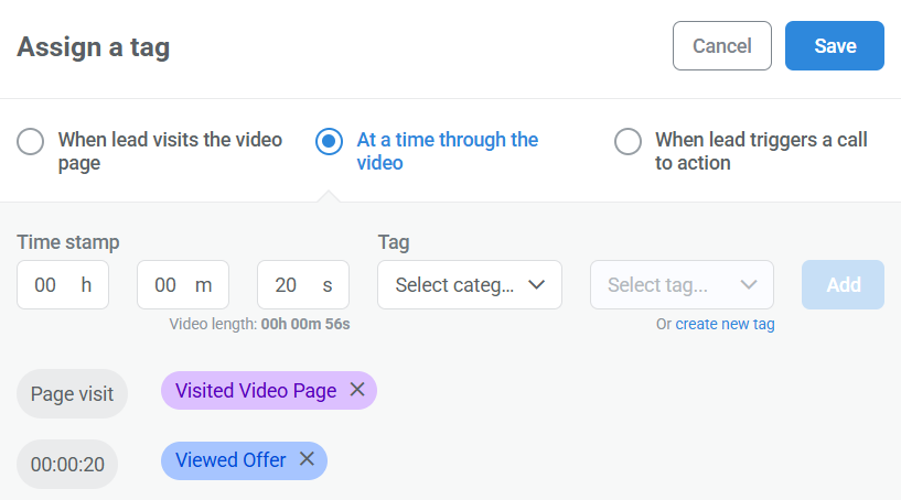 Kartra video tagging options with a timestamp tag selected.