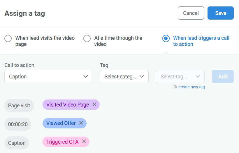 Kartra video tagging options with a call-to-action tag selected.