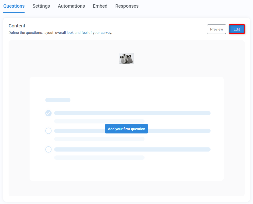 The "Questions" tab of a survey's wizard 