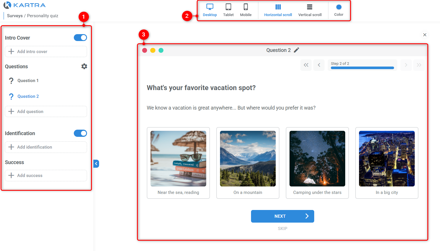 Survey builder overview, split into 3 areas: Sidebar, top menu, questions canvas.