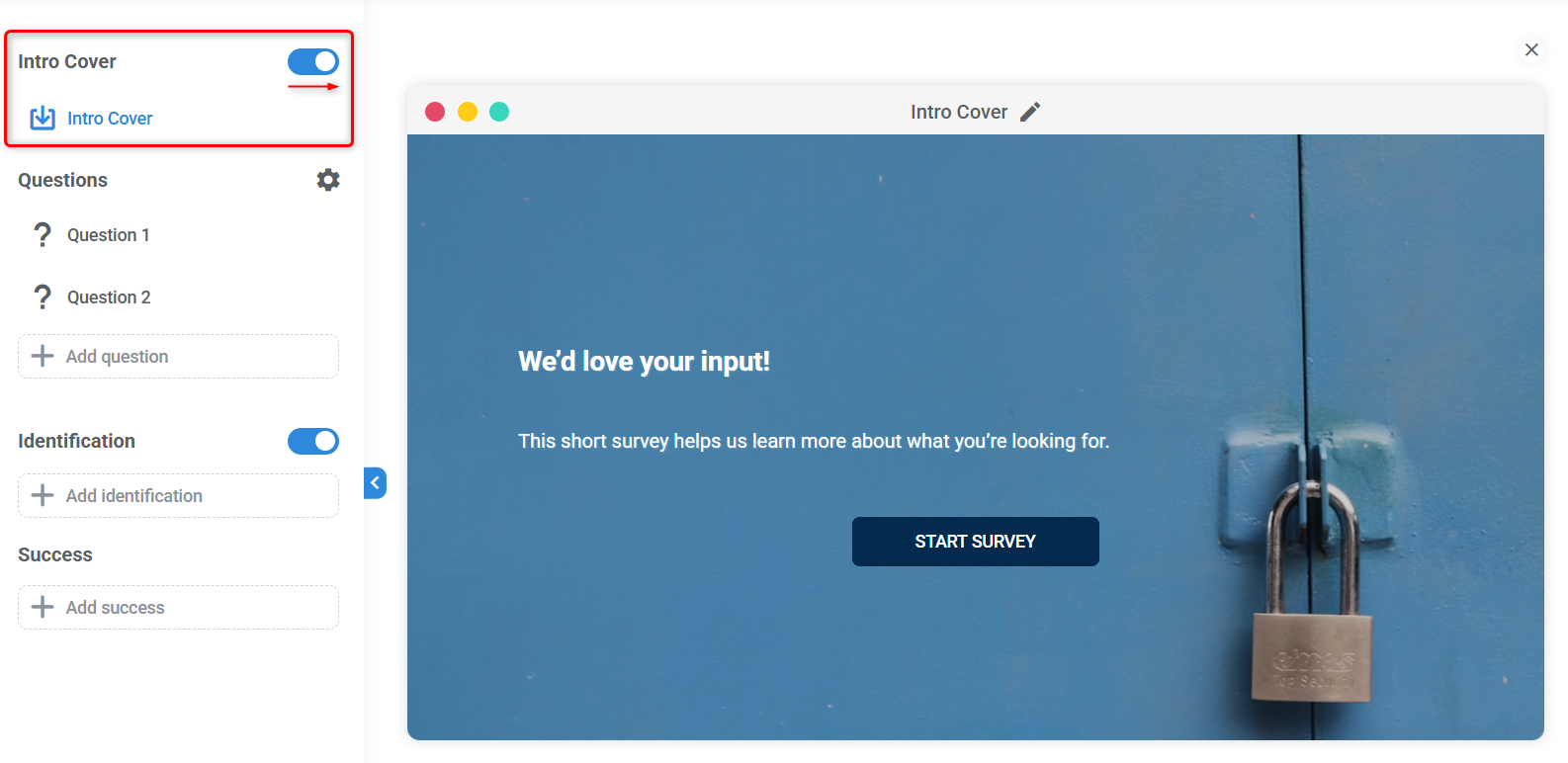 Intro cover example in the survey builder