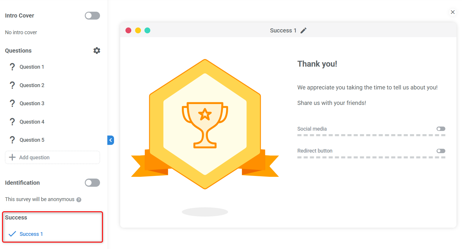 Success slide example in the survey builder
