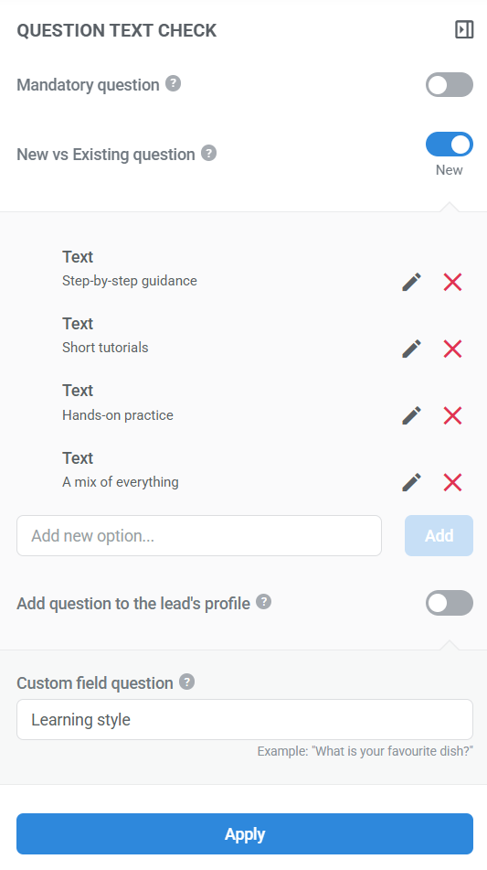 Survey question settings editor 