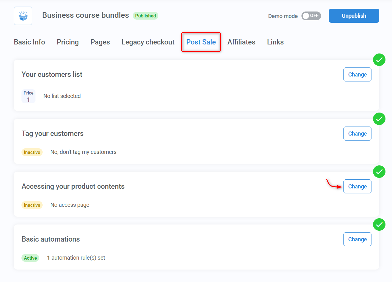 The 'Post Sale' section of the product configuration wizard, highlighting the 'Accessing your product contents' module.