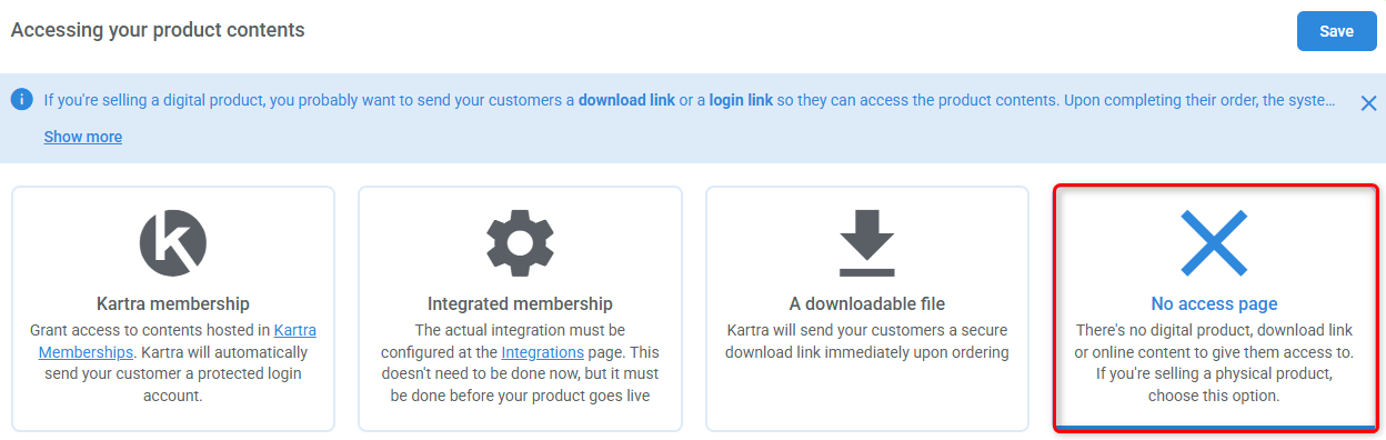 Product content: No access page