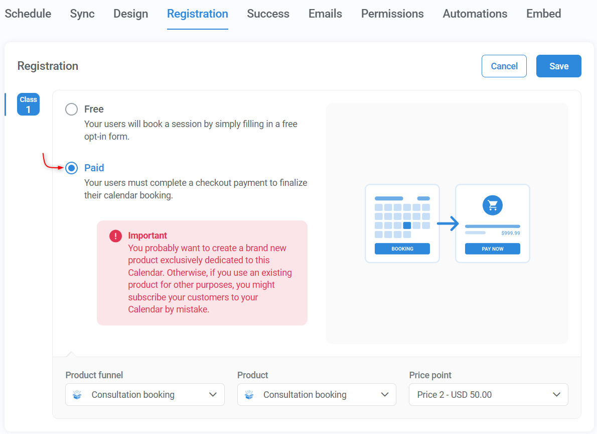 Kartra Calendar paid registration setup, in-wizard example.