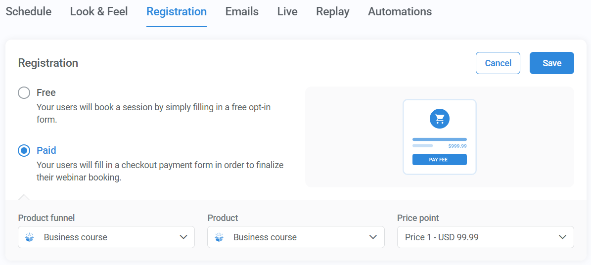 Kartra Webinar paid registration setup, in-wizard example.