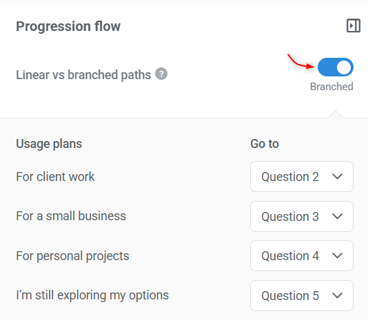 Progression flow example with answers to the first question leading to different questions.