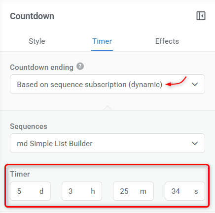 Countdown settings showing a dynamic countdown ending a specific number of days, hours, minutes, and seconds after sequence subscription