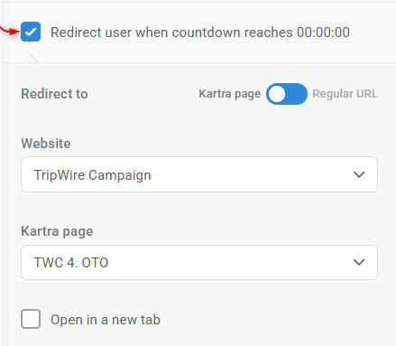 Countdown redirect settings enabled, with a Kartra page selected as the destination after the timer reaches zero